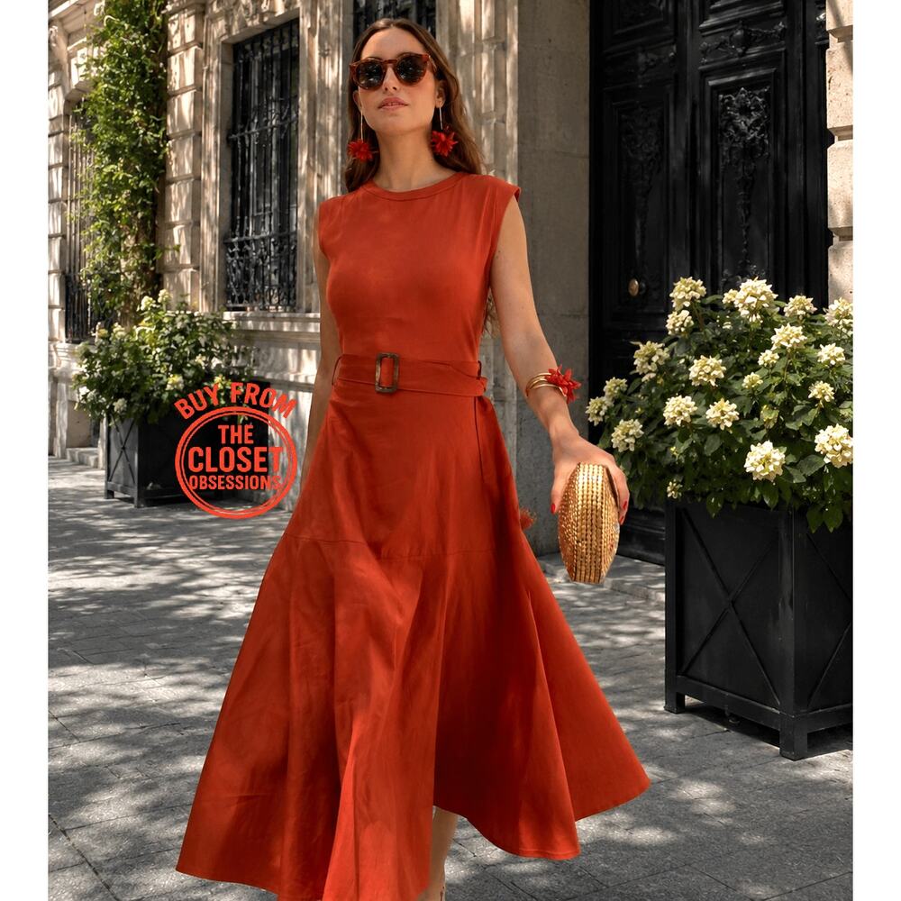 ZARA European Summer Belted Midi Dress NWT | Orange Resort A-Line Dress